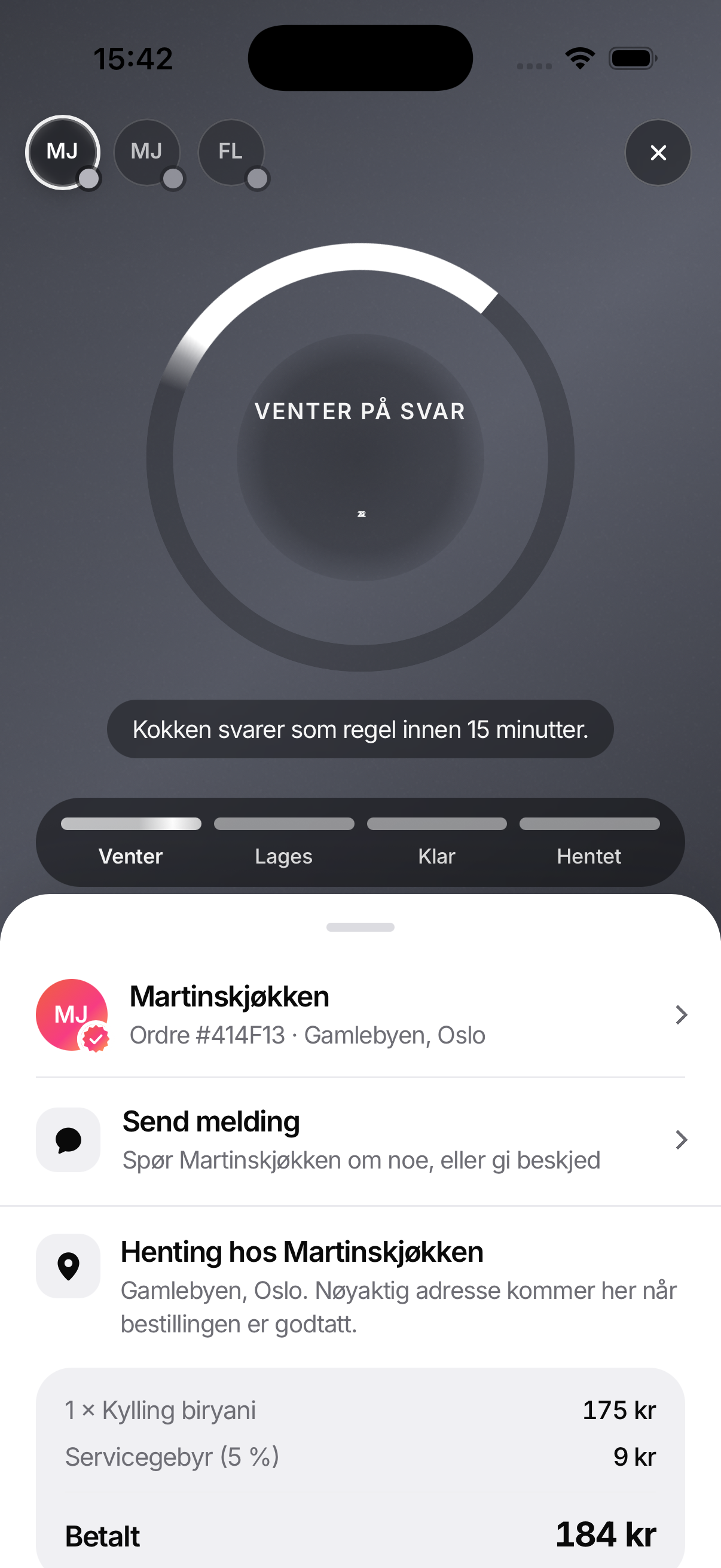 Bestillingen venter på svar fra Martinskjøkken i Mama’s-appen
