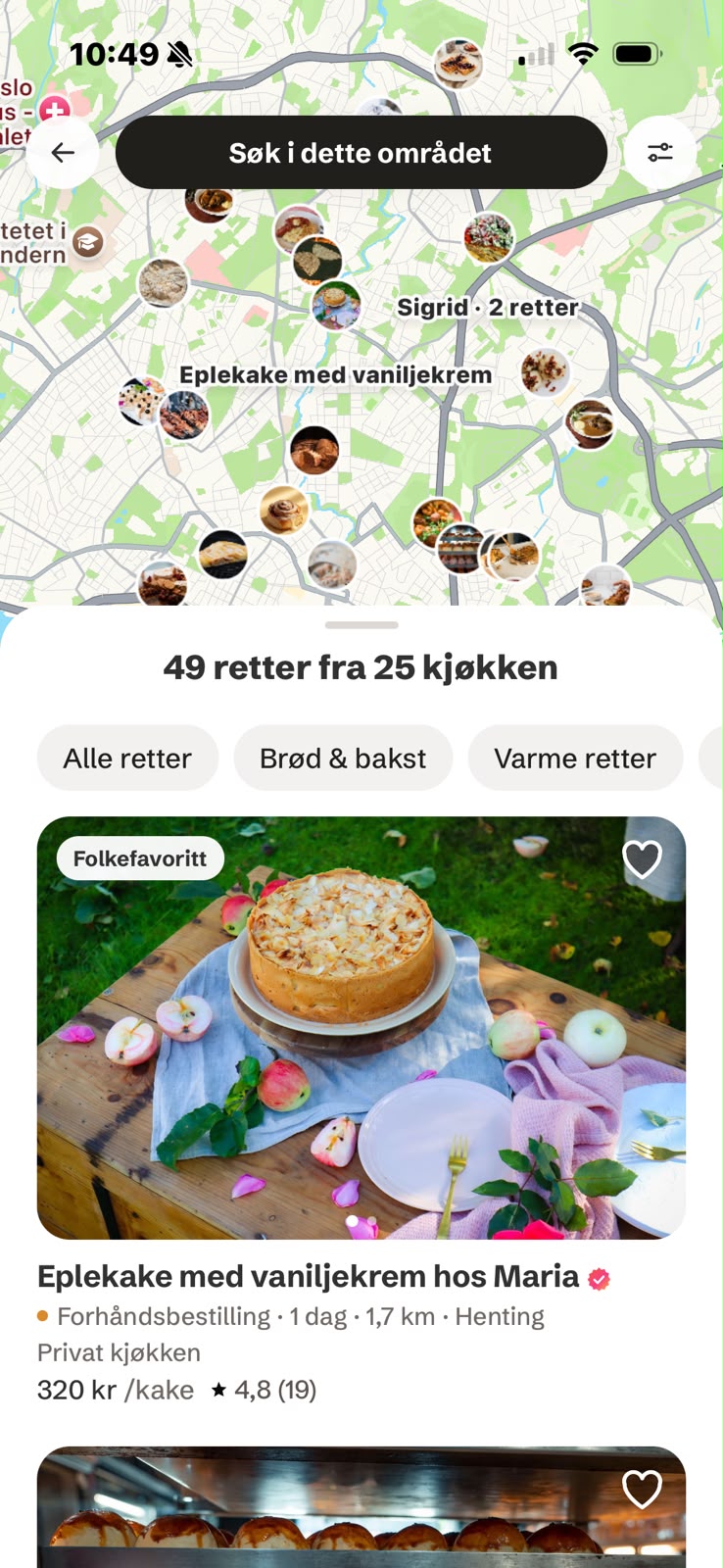 Mama’s-kart med lokale retter og en resultatliste for området