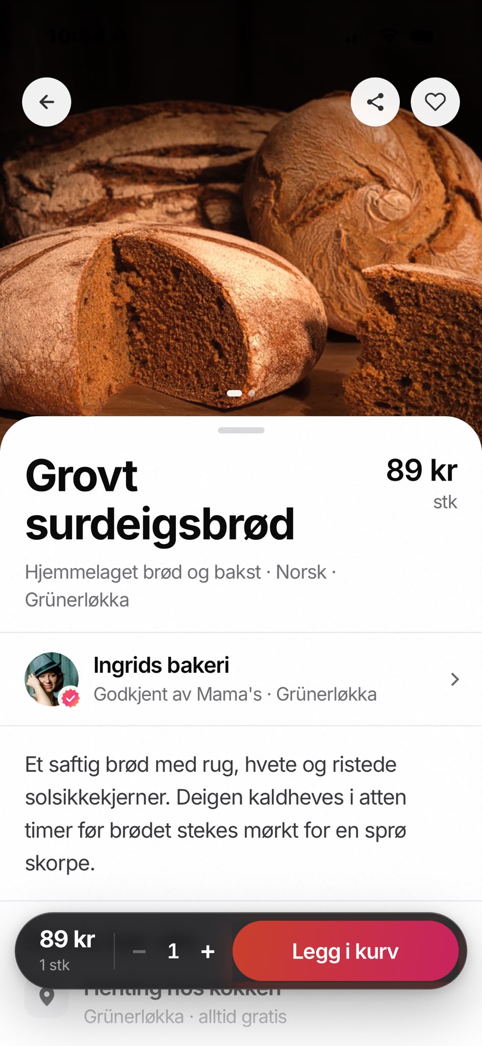 Detaljsiden for grovt surdeigsbrød med pris, kjøkken og bestillingsknapp